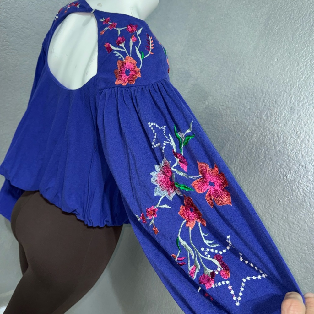 Free People Royal Blue Floral Embroidered Blouse - Picture 9 of 17